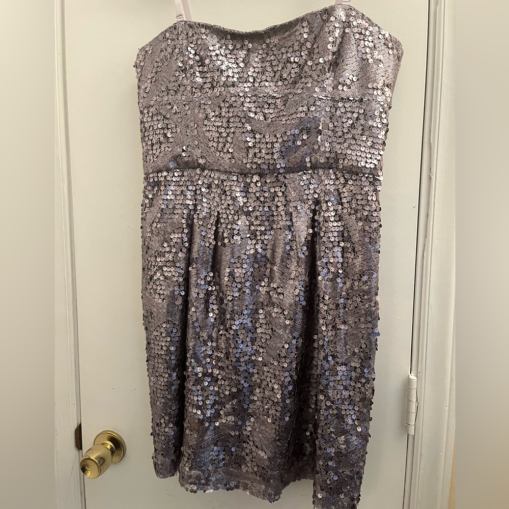 Size 12 Grey Sequin Mini Strapless Dress BCBG